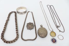 Victorian silver including chain, locket, brooch, etc and a silver bangle