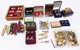 A collection of cufflinks, vintage studs, two 9ct white gold studs and a 9ct gold cufflink (4.7g)