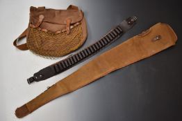 Brady canvas and leather game bag together with a similar gun slip and a brown leather shotgun