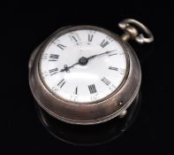 18thC hallmarked silver open faced pair cased pocket watch with ornate blued hands, black Roman