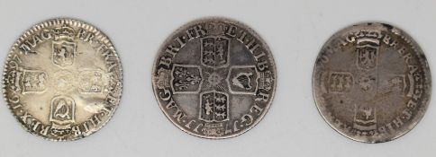 William III 1696 sixpence Exeter Mint, together with a 1697 example and a Queen Anne 1711