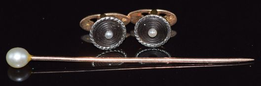 Victorian stick pin set with a pearl and two 18ct gold French pearl studs (3g)
