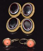 A pair of Victorian cufflinks set with banded agate and a pair of earrings set with coral marked