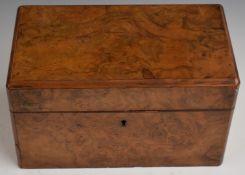 Burr walnut two division tea caddy with individual lift out caddies and hinged lid, W25 x D14 x