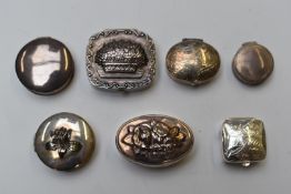 Seven hallmarked silver and white metal pill boxes including one with flower finial, length of