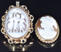 A 9ct gold brooch / pendant set with a cameo depicting the Three Graces and another cameo brooch