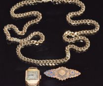 An 18ct gold watch, 15ct gold brooch set with a diamond and two sapphires (3.5g) and a curb link