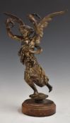 Bronzed winged lady with flowing robe, H 25cm, on turned wooden base, possibly originally a