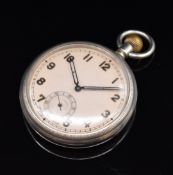 Unnamed keyless winding open faced military style pocket watch with inset subsidiary seconds dial,