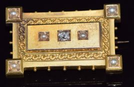 Victorian Etruscan Revival brooch set with seed pearls and an old cut diamond, 3.7 x 2cm, 9.7g