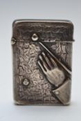 Victorian hallmarked silver novelty vesta case with embossed hand supporting a snooker or billiard