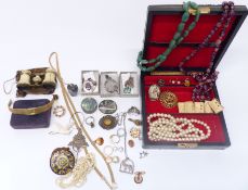 A collection of costume jewellery including Monet brooch, silver ring, aventurine quartz beaded