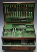 Oak cased eight place setting canteen of silver plated cutlery, marked Postons Lonsdale Plate, width