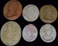 Cameos including c1900 carved coral, two plaster examples lava example depicting Dante, hardstone