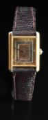 Must de Cartier silver gilt ladies wristwatch with tri-colour dial, blue hands, sapphire set crown