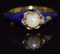 Victorian ring set with a natural pearl and blue guilloché enamel, 4.1g, size H