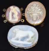 An 18th/19thC cameo depicting a lion, 1.6 x 1.4cm and two miniature cameos depicting a cherub and
