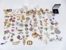 A collection of vintage brooches including silver, diamanté, enamel, etc