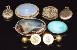 Three Victorian lockets, three Victorian agate brooches and a pair of cufflinks