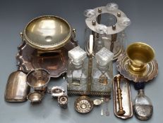 Silver plated ware including Elkington salver, Walker and Hall, spirit flask, tantalus, pestle and