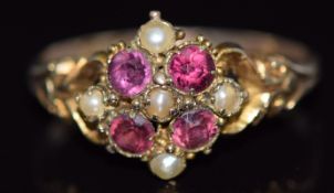 Victorian 9ct gold ring set with seed pearls and garnets, London 1871, 1.6g, size N