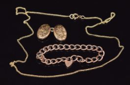 A 9ct gold cufflink, a 9ct rose gold bracelet and a 9ct gold necklace, 5.7g