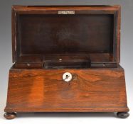 19thC rosewood sarcophagus shaped two division tea caddy, W34cm