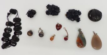 Victorian jet bracelet, agate pendants/ charms, pendants, etc