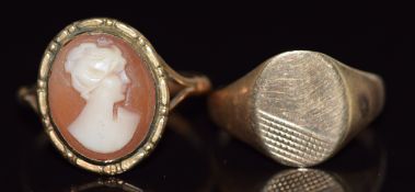 Two 9ct gold rings, one set with a cameo, 4.1g, size I and L/M