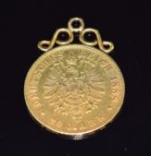 German 1888 Friedrich III 20 Mark gold coin with pendant mount, 8.3g