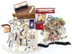 A collection of jewellery including vintage necklaces, watches, silver brooch/ pendant set with