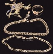 Two 9ct gold bracelets, 9ct gold ring and 9ct gold chain and pendant, 8.1g