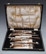Cased stag handled carving set with portrait of a stag to handle ends, width of case 43.5cm