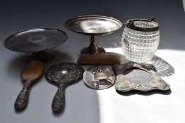 Hallmarked silver mounted photograph frame, width 15cm, hallmarked silver hand mirror and two