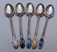 Five Liberty & Co Art Deco hallmarked silver and guilloché enamel teaspoons, Birmingham 1934, length