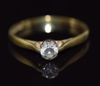 An 18ct gold ring set with a round cut diamond of approximately 0.15ct, 1.7g, size M
