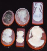 Six c1900 agate cameos depicting classical figures, largest 2 x 1.6cm