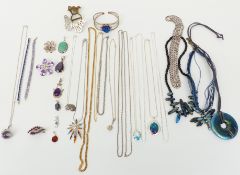 A collection of jewellery some silver including brooch, chains, pendants, tennis bracelet, etc