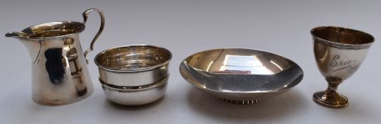Art Nouveau hallmarked silver jug, egg cup and bowl together with a shallow footed bowl marked
