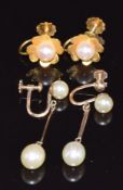 A pair of 9ct gold earrings set with a pearl to each, 1.9g and a pair of yellow metal earrings set