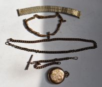 Rolled gold keyless wind pocket watch case with bird decoration together with two gold plated