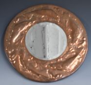 Newlyn Arts and Crafts bevelled glass copper mirror with relief moulded fish decoration, James