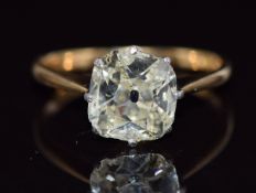 An 18ct gold ring set with a cushion cut diamond of approximately 1.7ct, size J, 2.3g