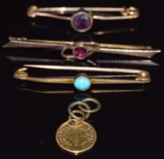 Three 9ct gold brooches, one set with turquoise (5.1g) and a one dollar coin charm (1.4g)