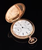 Elgin gold plated keyless winding full hunter pocket watch with inset subsidiary seconds dial, blued