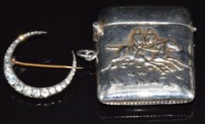 Silver crescent brooch set with paste and silver vesta with embossed horse racing or hunting