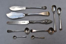 Georgian and later hallmarked silver cutlery to include two butter knives, fruit knife and various