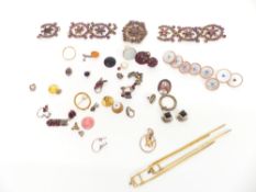 A collection of damaged sections of garnet jewellery, mother of pearl studs, etc