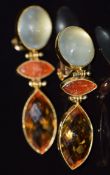 A pair of 18ct gold earrings set with citrine, chrysoberyl and sunstone, 13.5g