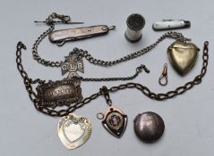 Hallmarked silver, white metal and other collectables including Victorian Sherry bottle ticket,